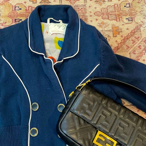 Anthropologie Sparrow Navy Knit Double Breasted Blazer Jacket medium - Picture 1 of 5